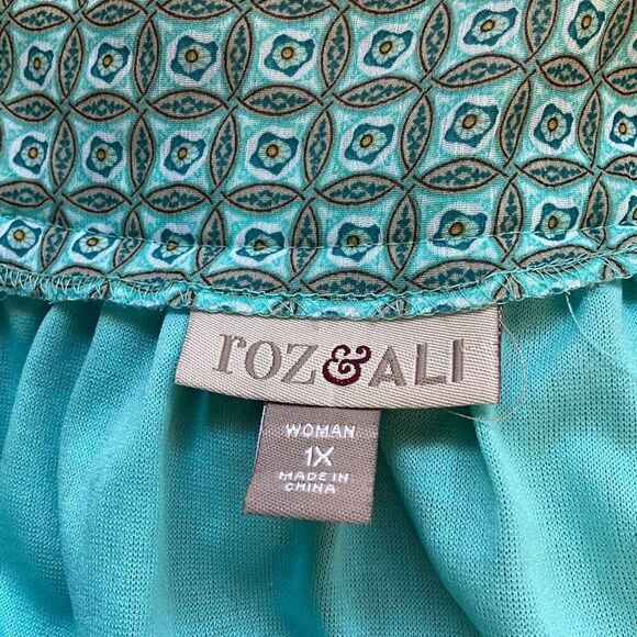 Roz & Ali Womens Plus Size 1X Top Green Black Geometric Print Square Neck Lined - Picture 10 of 14